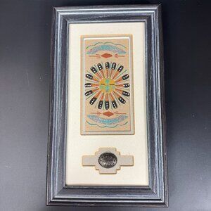 Ethel Navajo Sun Eagle Sandpainting Framed Art With Silver Concho